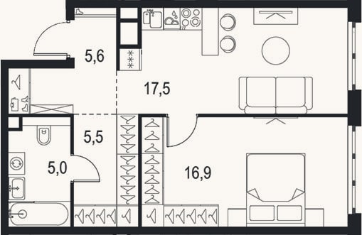Планировка: 2-к, 50,5 м²