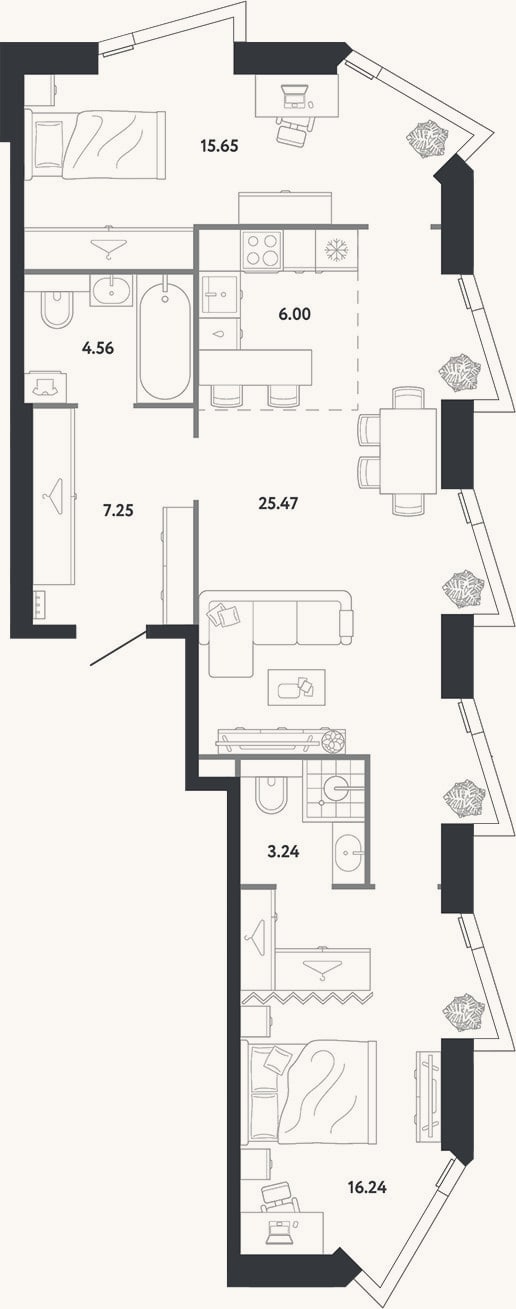 Планировка: 2-к, 78,4 м²