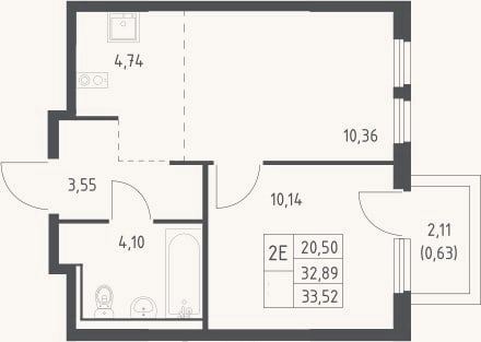 Планировка: 2-к, 32,9 м²