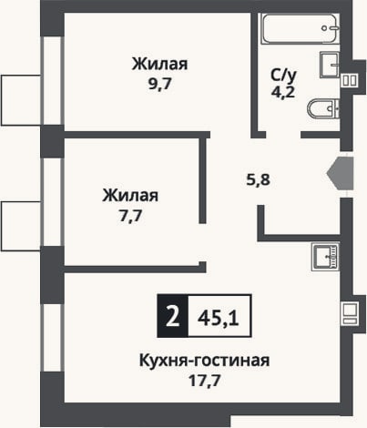 Планировка: 3-к, 45,1 м²