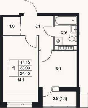 Планировка: 1-к, 33 м²