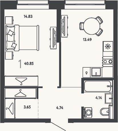 Планировка: 1-к, 40,9 м²