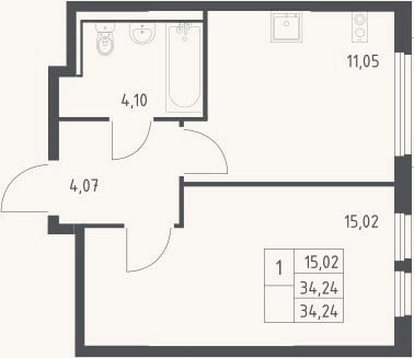 Планировка: 1-к, 34,2 м²