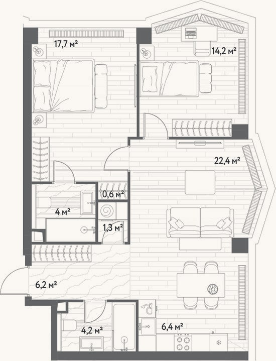 Планировка: 3-к, 77 м²