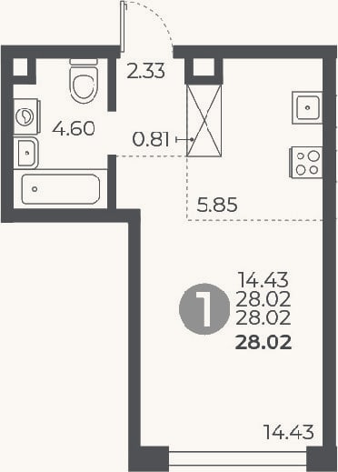 Планировка: Студия, 28 м²