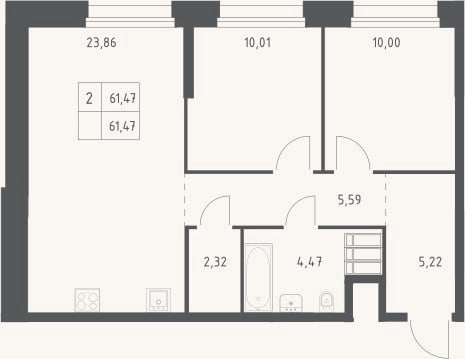 Планировка: 3-к, 61,5 м²