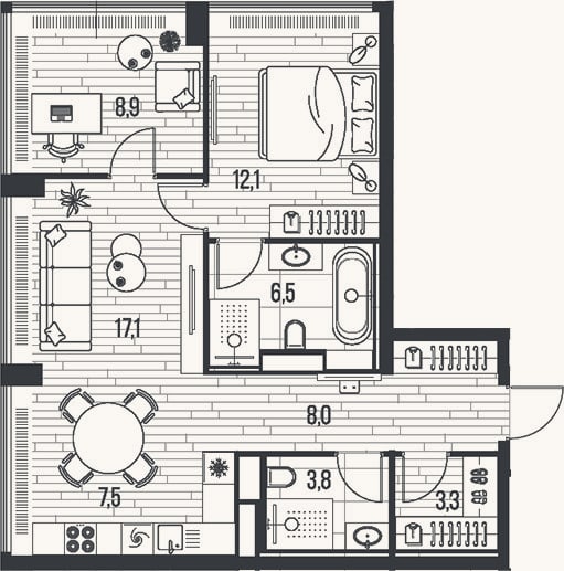 Планировка: 3-к, 67,3 м²