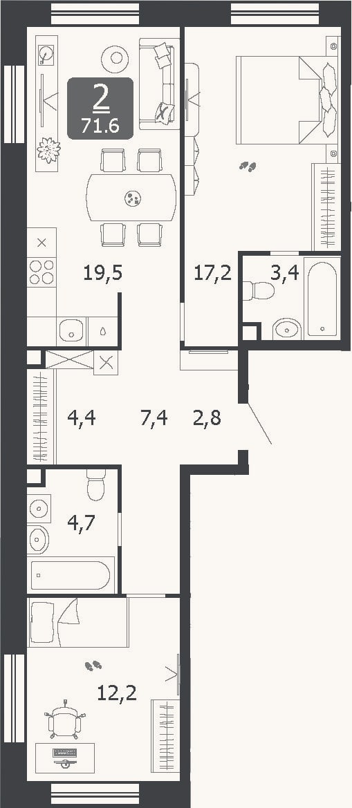 Планировка: 3-к, 71,6 м²