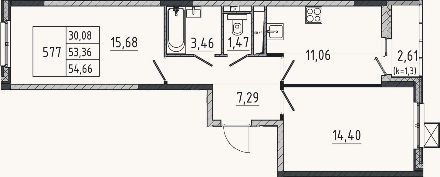 Планировка: 2-к, 53,4 м²