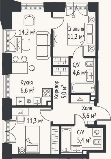 Планировка: 3-к, 61,9 м²