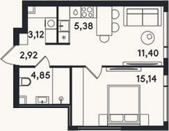 Планировка: 2-к, 42,8 м²