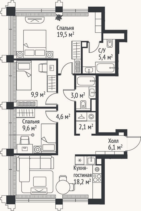 Планировка: 4+ к, 78,4 м²