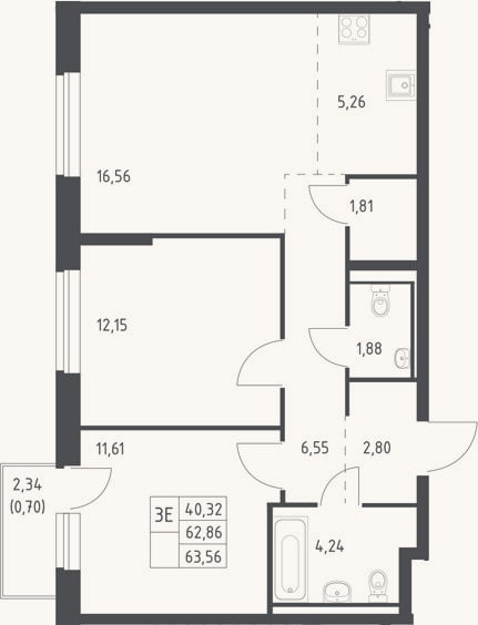Планировка: 3-к, 62,9 м²