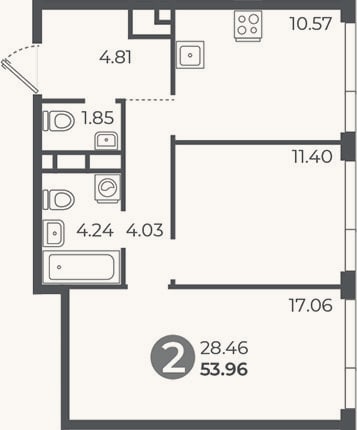 Планировка: 2-к, 54 м²