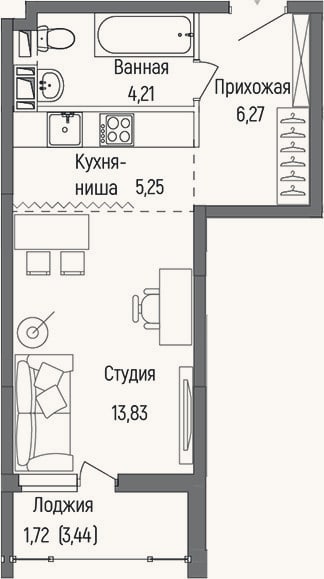 Планировка: Студия, 29,6 м²