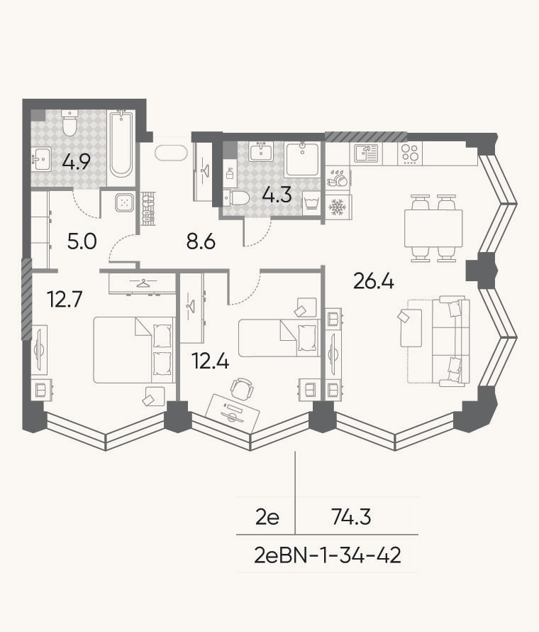 Планировка: 3-к, 74,3 м²