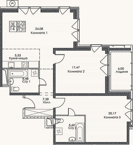 Планировка: 3-к, 85,7 м²