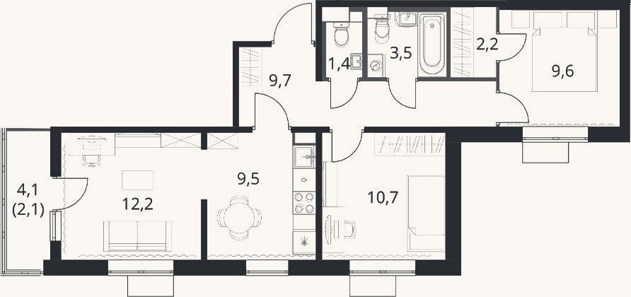 Планировка: 3-к, 58,8 м²