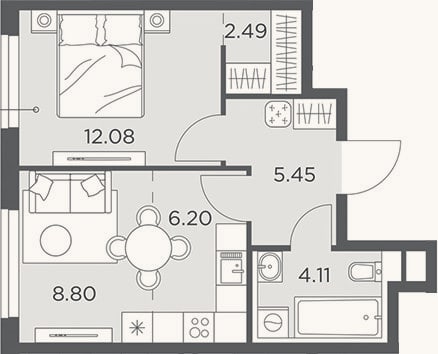 Планировка: 2-к, 39,1 м²