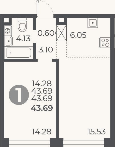 Планировка: 1-к, 43,7 м²