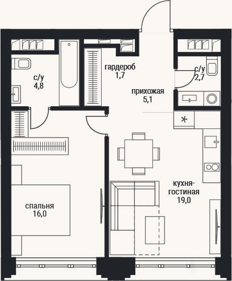 Планировка: 2-к, 49,3 м²