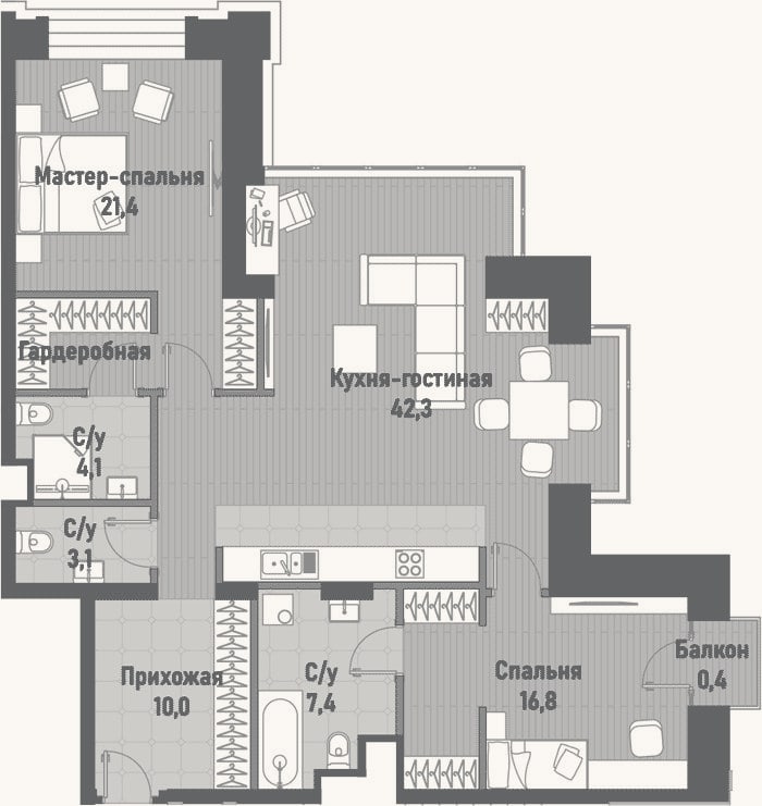 Планировка: 3-к, 105,1 м²