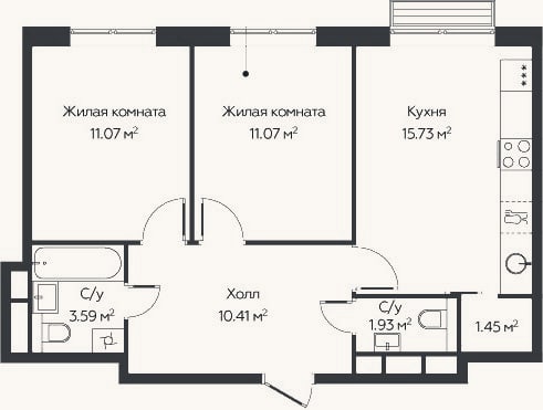 Планировка: 2-к, 55,3 м²
