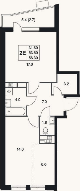 Планировка: 2-к, 53,6 м²