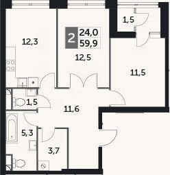 Планировка: 2-к, 59,4 м²