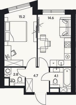 Планировка: 1-к, 41,4 м²