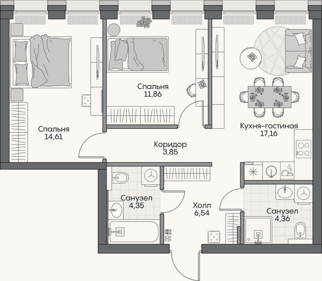 Планировка: 3-к, 61,7 м²