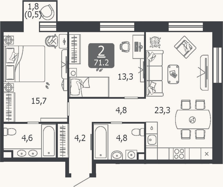 Планировка: 3-к, 70,7 м²