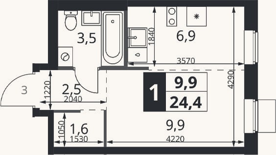 Планировка: Студия, 24,4 м²