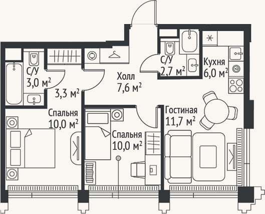 Планировка: 3-к, 54,3 м²