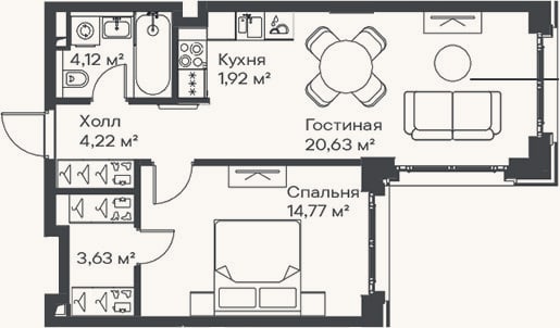 Планировка: 2-к, 49,3 м²