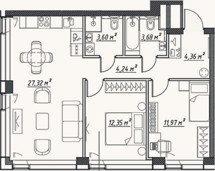 Планировка: 3-к, 67,6 м²