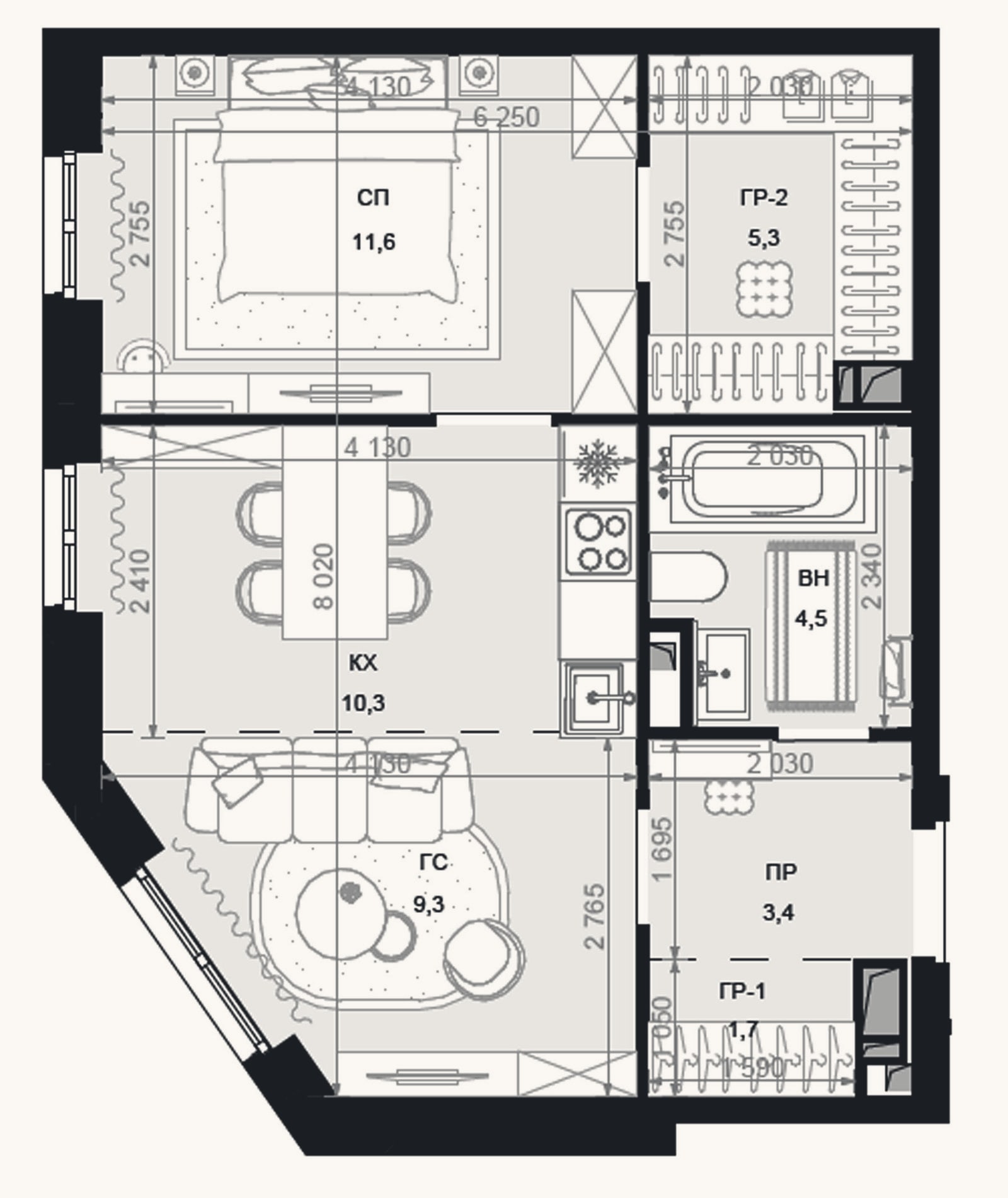 Планировка: 2-к, 46,1 м²