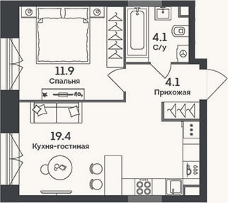Планировка: 2-к, 39,5 м²