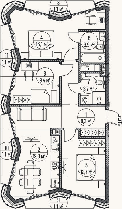 Планировка: 3-к, 74,4 м²