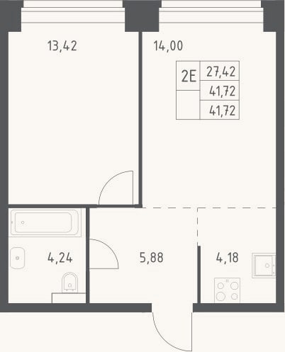 Планировка: 2-к, 41,7 м²