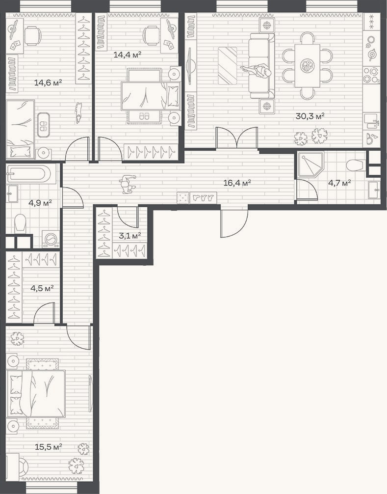 Планировка: 3-к, 108,4 м²