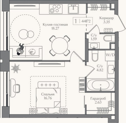 Планировка: 2-к, 47,4 м²
