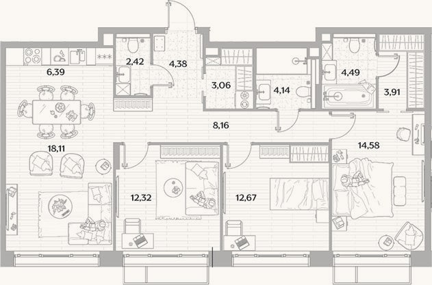 Планировка: 4+ к, 94,6 м²