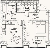 Планировка: 1-к, 47,9 м²