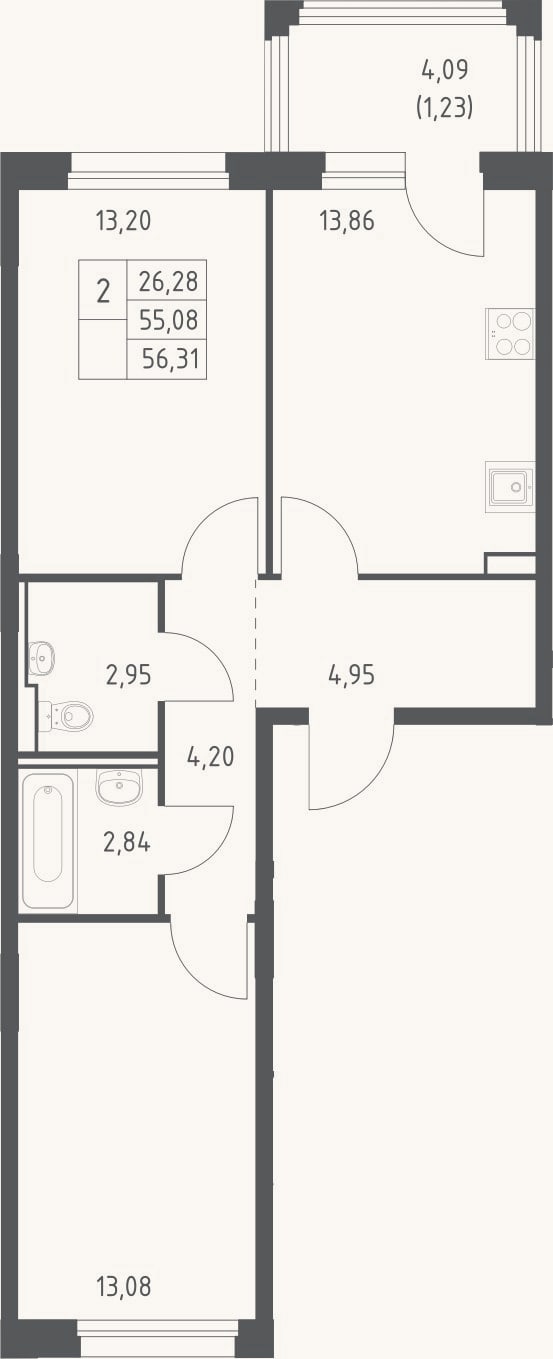 Планировка: 2-к, 55,1 м²