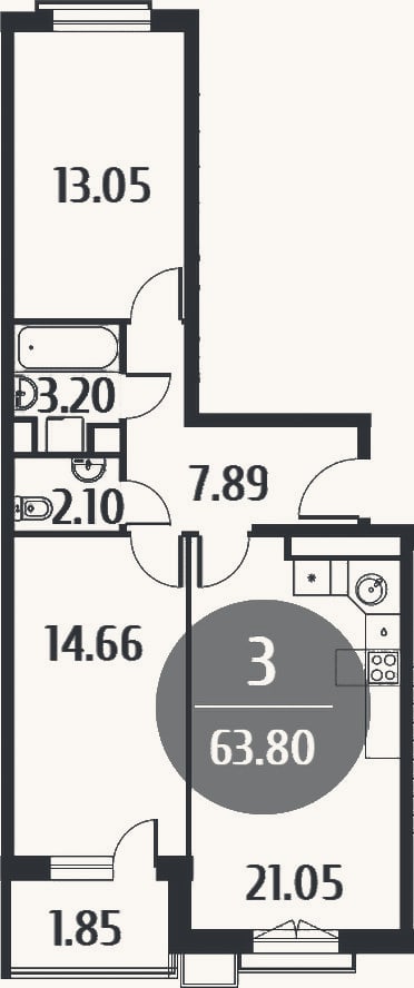 Планировка: 3-к, 61,9 м²