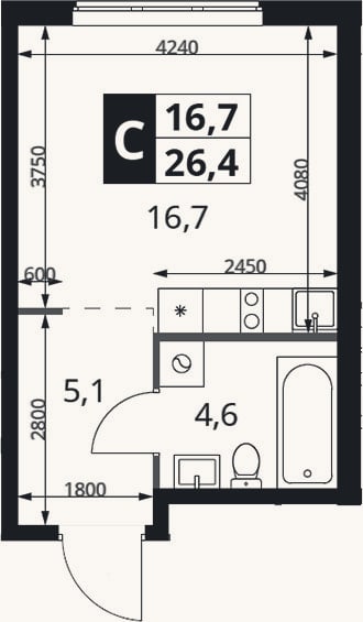 Планировка: Студия, 26,4 м²