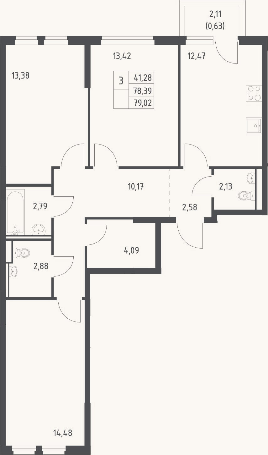 Планировка: 3-к, 78,4 м²