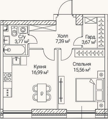 Планировка: 1-к, 47,4 м²
