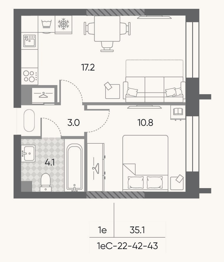 Планировка: 2-к, 35,1 м²